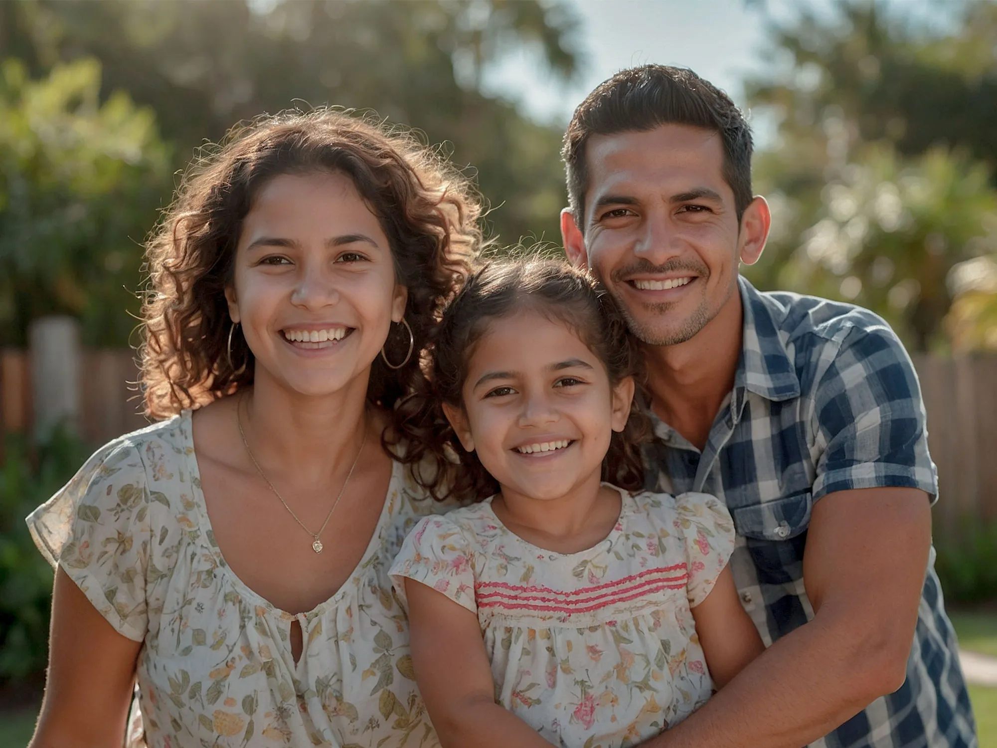 Mamá, papá e hija sonriendo juntos al aire libre